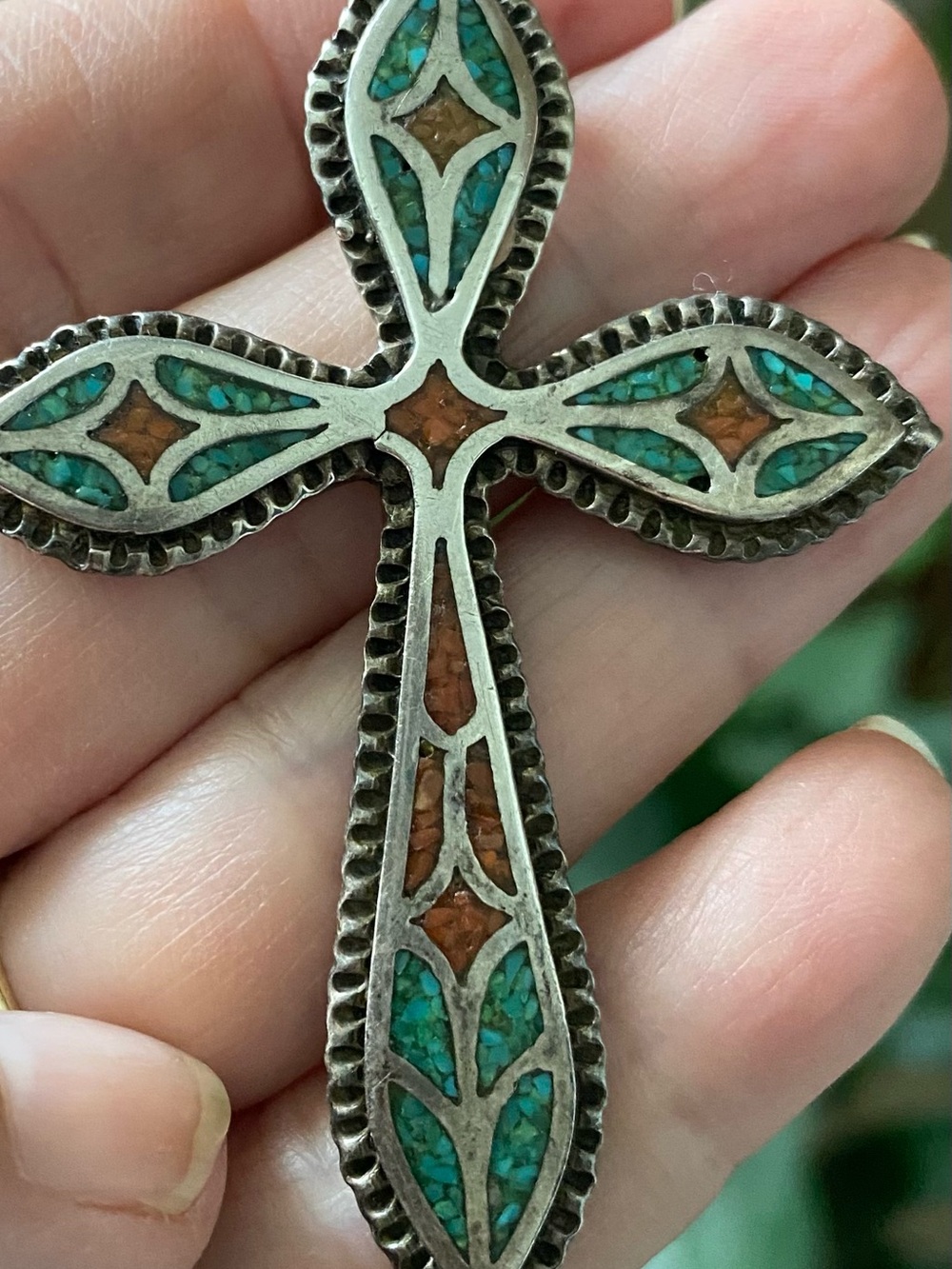 Turquoise Inlay vintage Silver Cross Pendant - Picture 9 of 10